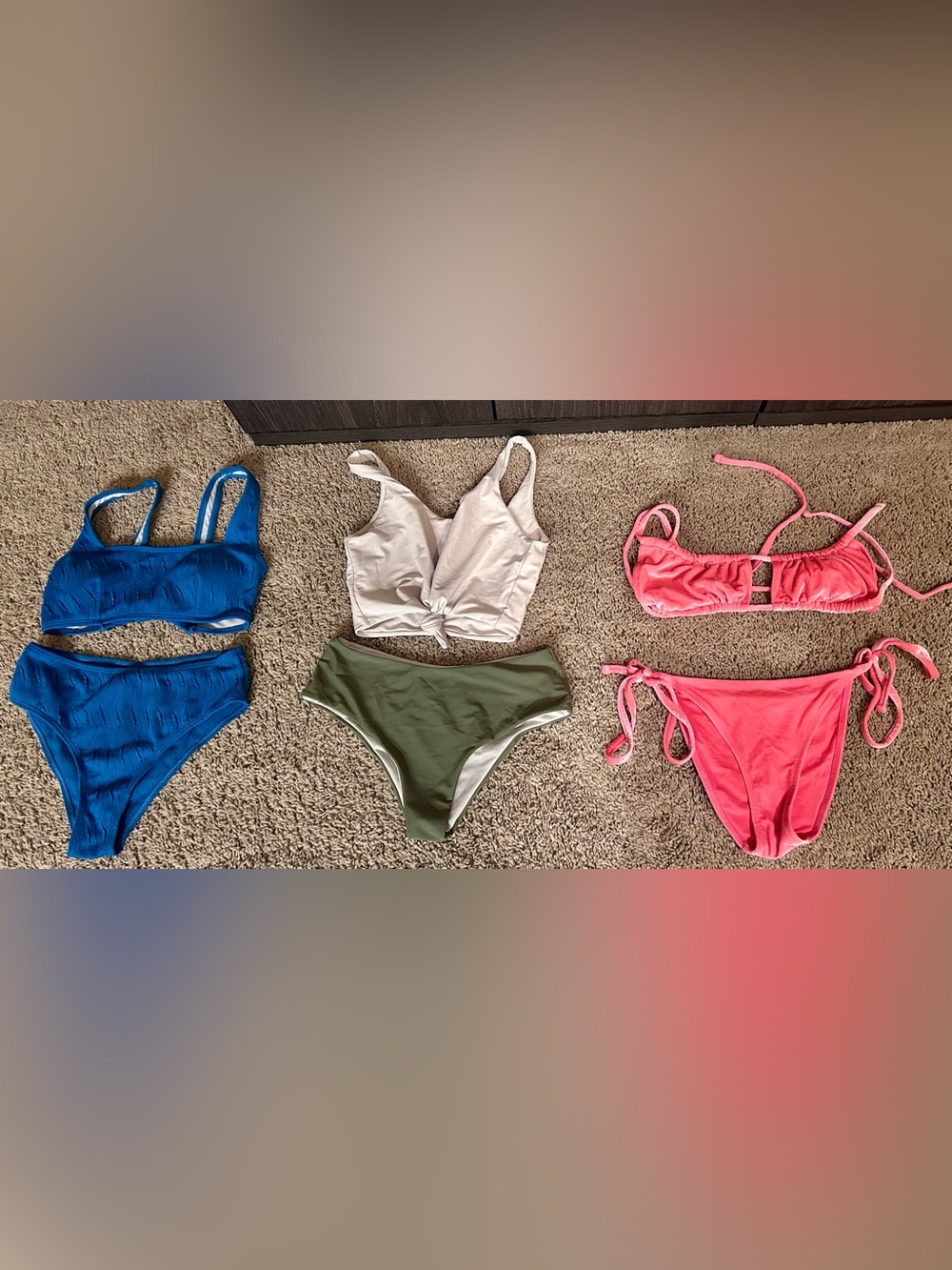 Three-Piece Bikini Set Bundle - Blue, White, Olive & Coral Pink